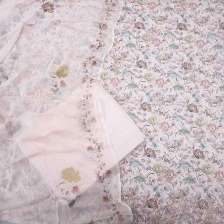 Bahaar Pink Pearl Embroiderey Floral Print Premium Pashmina Suit Set