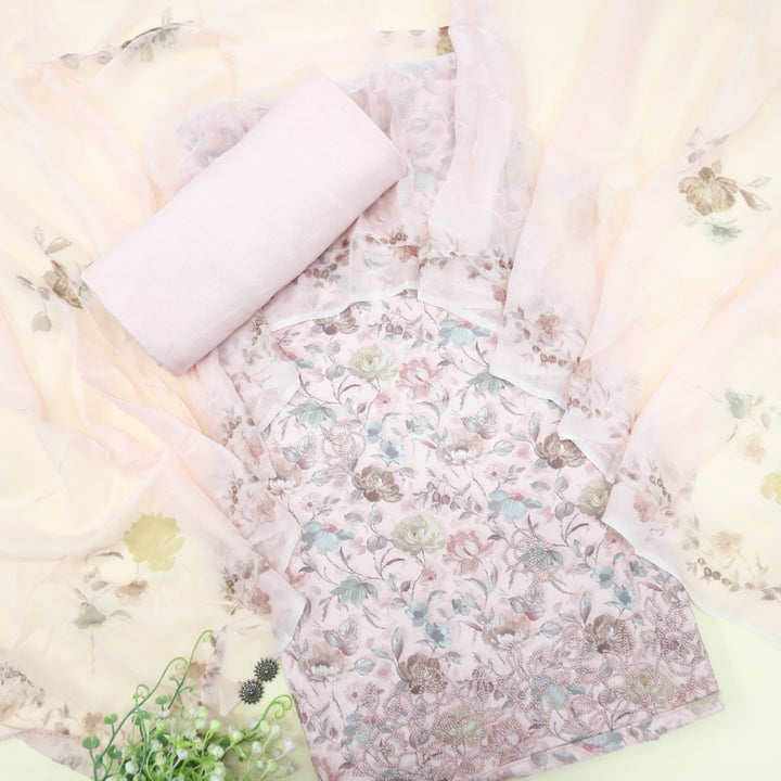Bahaar Pink Pearl Embroiderey Floral Print Premium Pashmina Suit Set