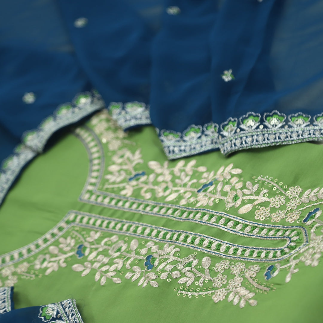 Hawayein Grasshopper Green Pita Zari Embroidery Neck Modal Suit Set