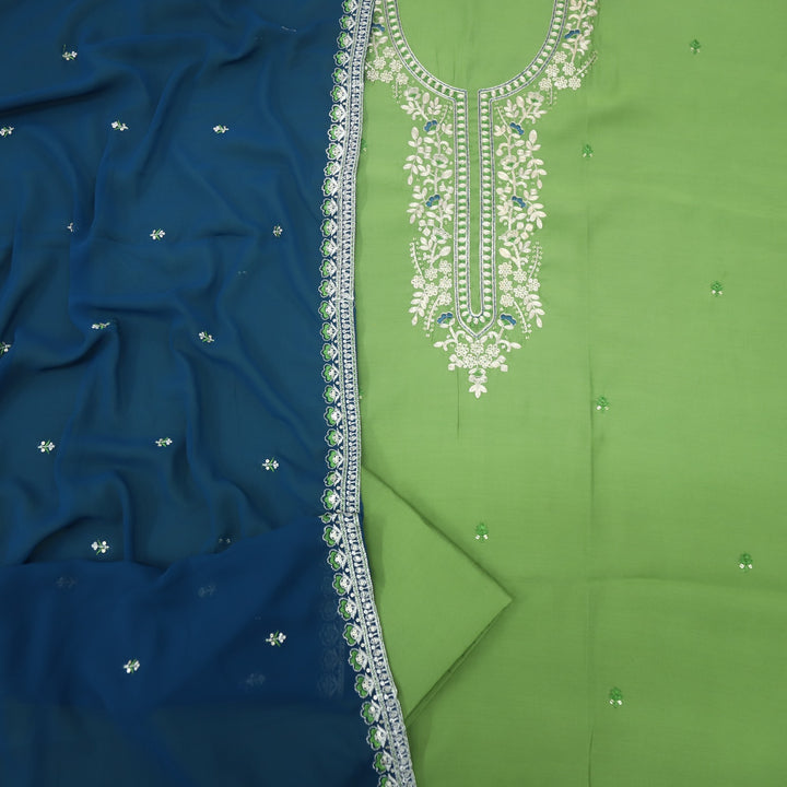 Hawayein Grasshopper Green Pita Zari Embroidery Neck Modal Suit Set