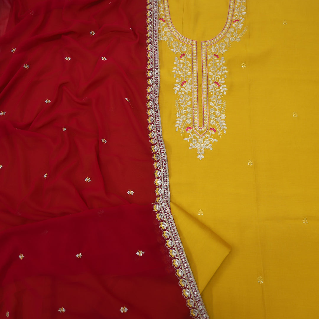 Hawayein Dijon Yellow Pita Zari Embroidery Neck Modal Suit Set