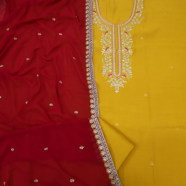 Hawayein Dijon Yellow Pita Zari Embroidery Neck Modal Suit Set