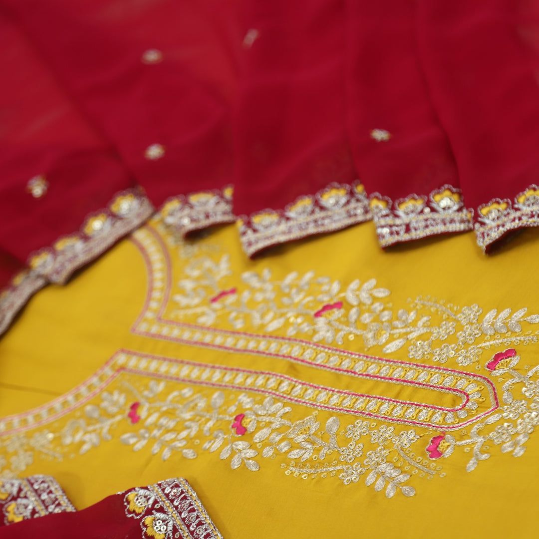 Hawayein Dijon Yellow Pita Zari Embroidery Neck Modal Suit Set