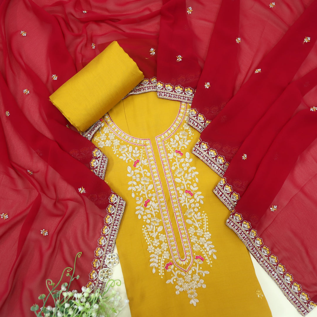 Hawayein Dijon Yellow Pita Zari Embroidery Neck Modal Suit Set