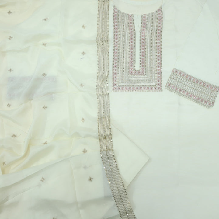 Aasha Creamy White Zari Embroidery with Sequence Work Dola Silk Suit Set