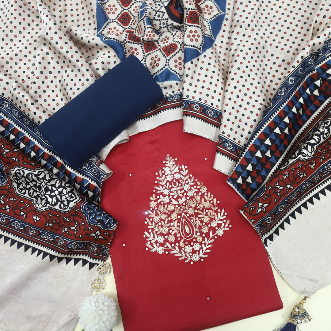 Maasoom Blood Red Glazed Cotton Top and Stole Style Mashru Dupatta-D1