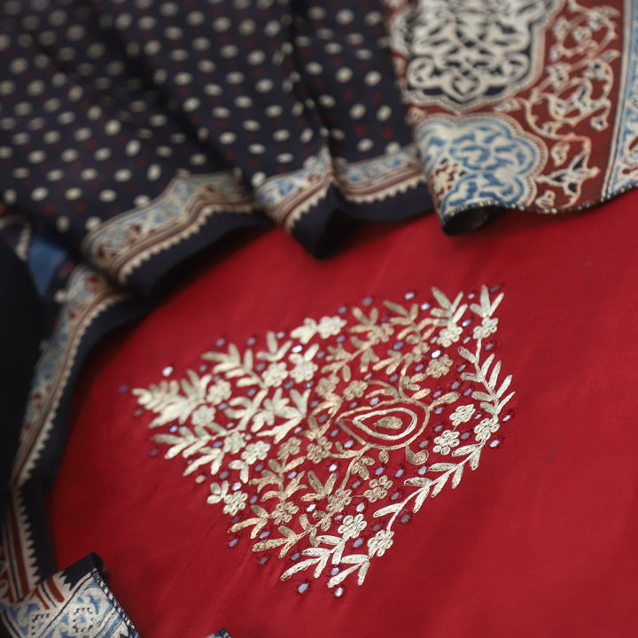 Maasoom Blood Red Glazed Cotton Top and Stole Style Mashru Dupatta-D2