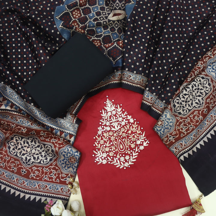 Maasoom Blood Red Glazed Cotton Top and Stole Style Mashru Dupatta-D2