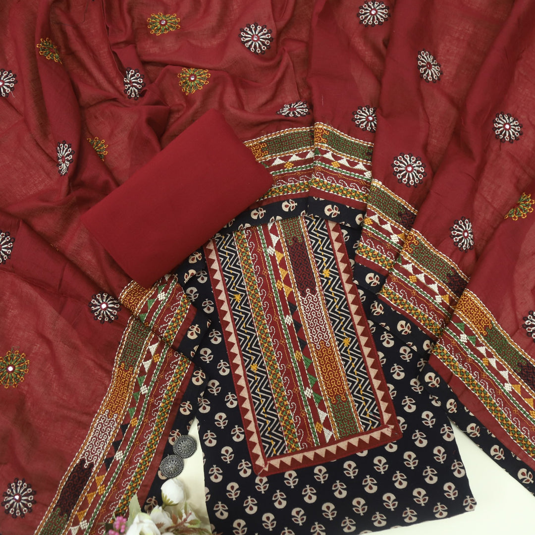 Khairiyat Night Black Thread Work Neck Kutch Inspired Cotton Suit Set