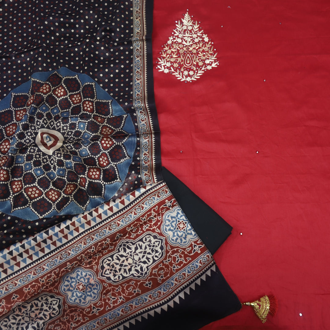 Maasoom Blood Red Glazed Cotton Top and Stole Style Mashru Dupatta-D2