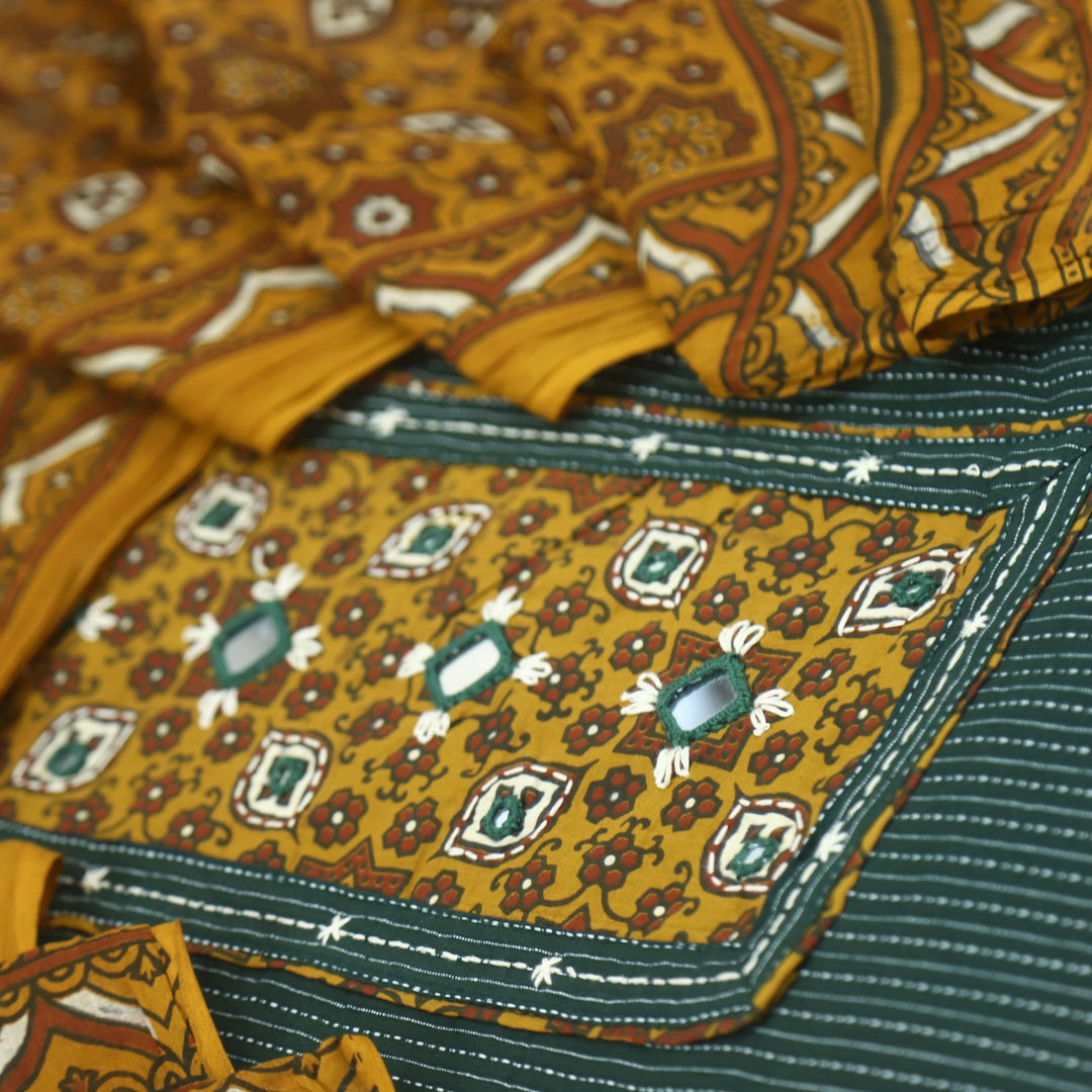 Anokhi Dark Green Kutch Inspired  Mirror Neck Ajrak Print Cotton Suit Set