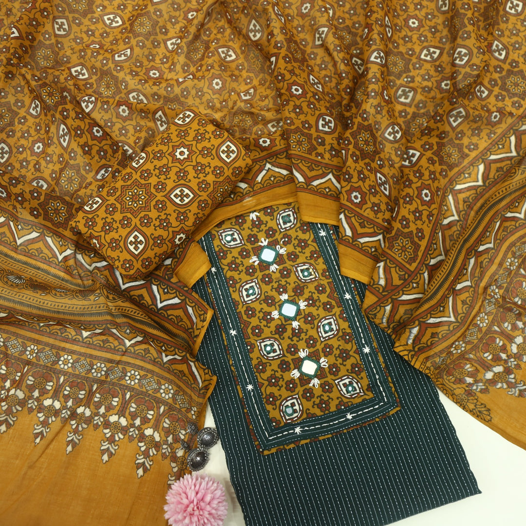 Anokhi Dark Green Kutch Inspired  Mirror Neck Ajrak Print Cotton Suit Set