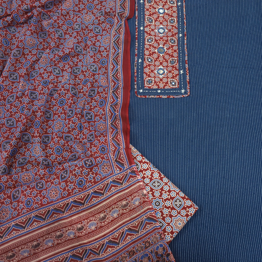 Anokhi Denim Blue Kutch Inspired  Mirror Neck Ajrak Print Cotton Suit Set