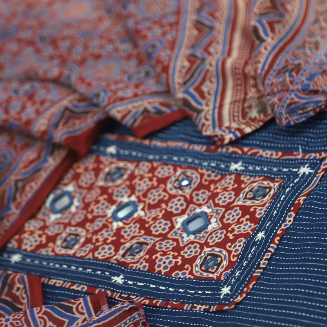 Anokhi Denim Blue Kutch Inspired  Mirror Neck Ajrak Print Cotton Suit Set