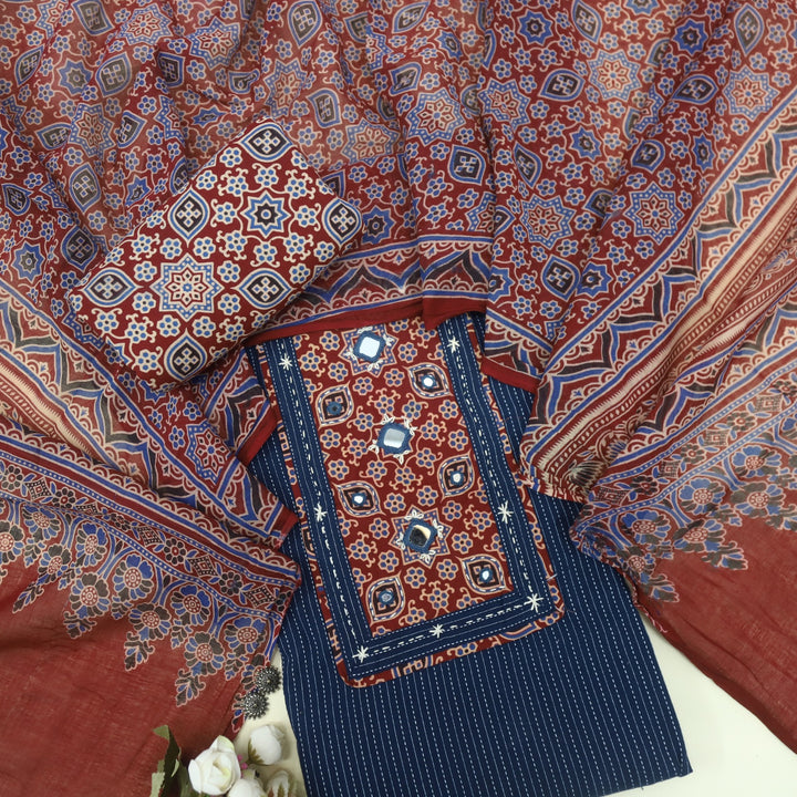 Anokhi Denim Blue Kutch Inspired  Mirror Neck Ajrak Print Cotton Suit Set