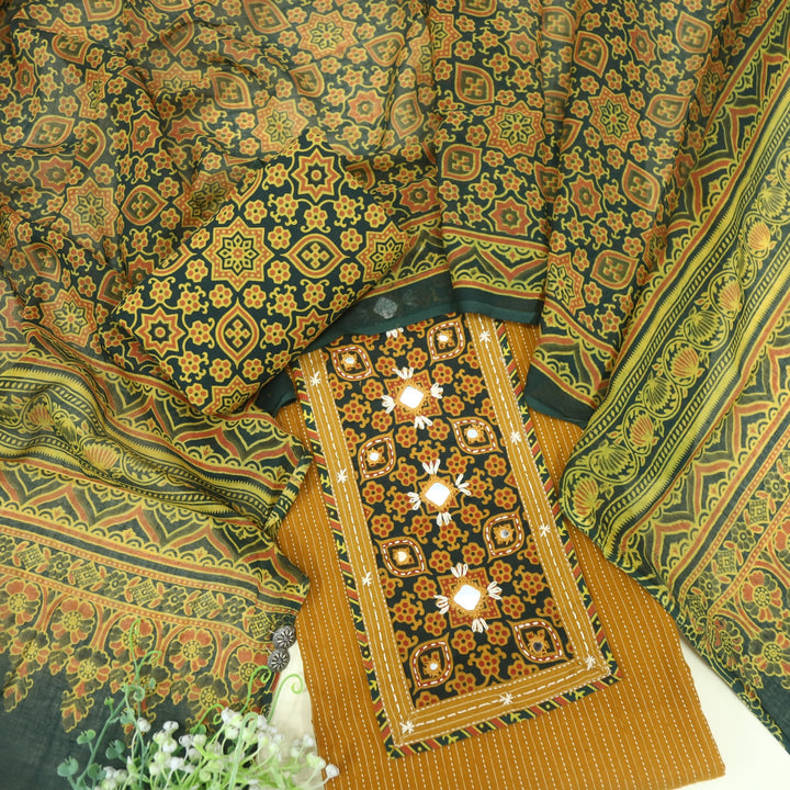 Anokhi Dijon Yellow Kutch Inspired Mirror Neck Ajrak Print Cotton Suit Set