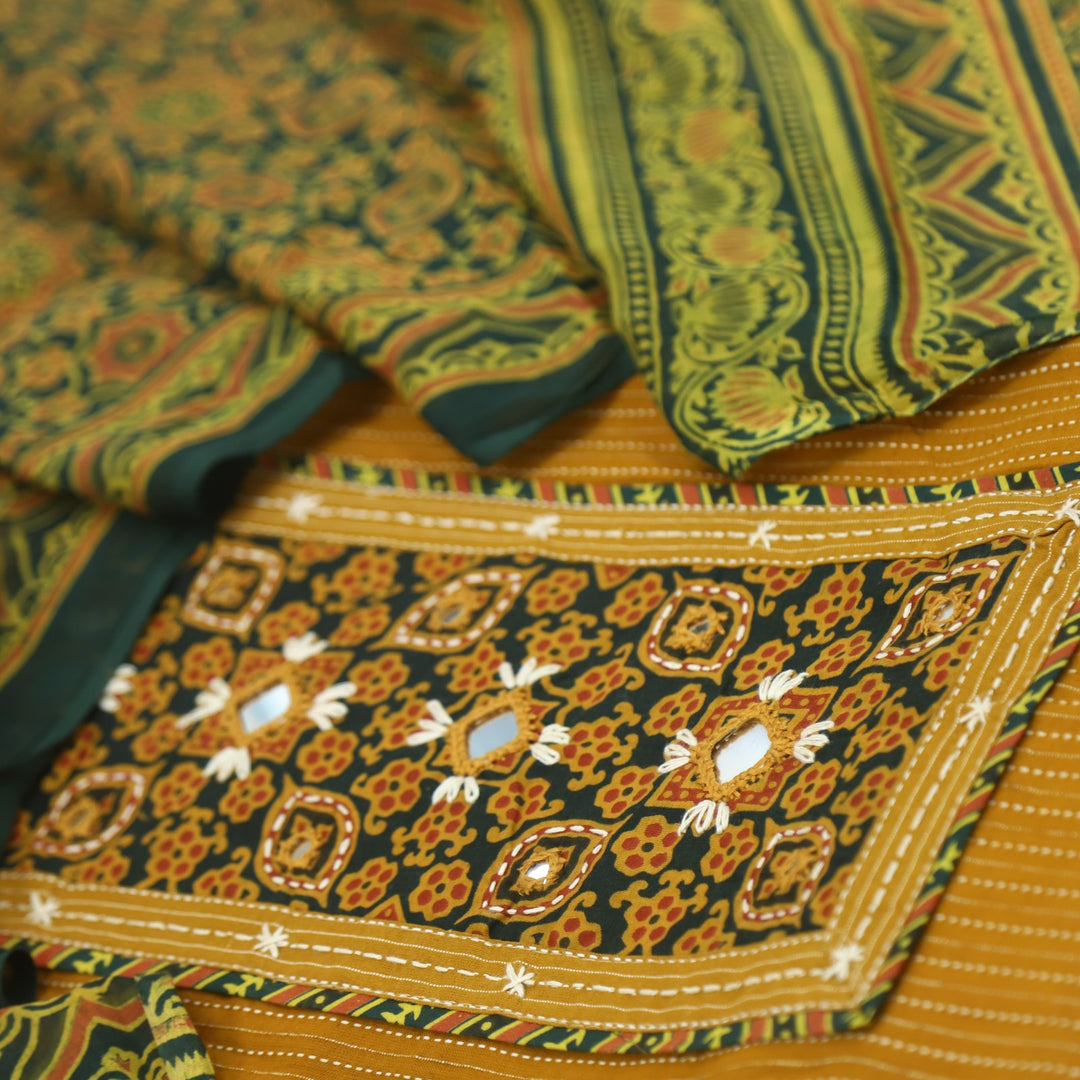 Anokhi Dijon Yellow Kutch Inspired Mirror Neck Ajrak Print Cotton Suit Set
