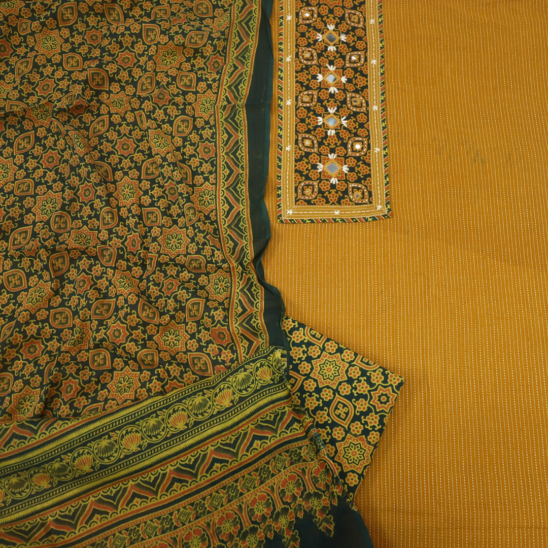 Anokhi Dijon Yellow Kutch Inspired Mirror Neck Ajrak Print Cotton Suit Set