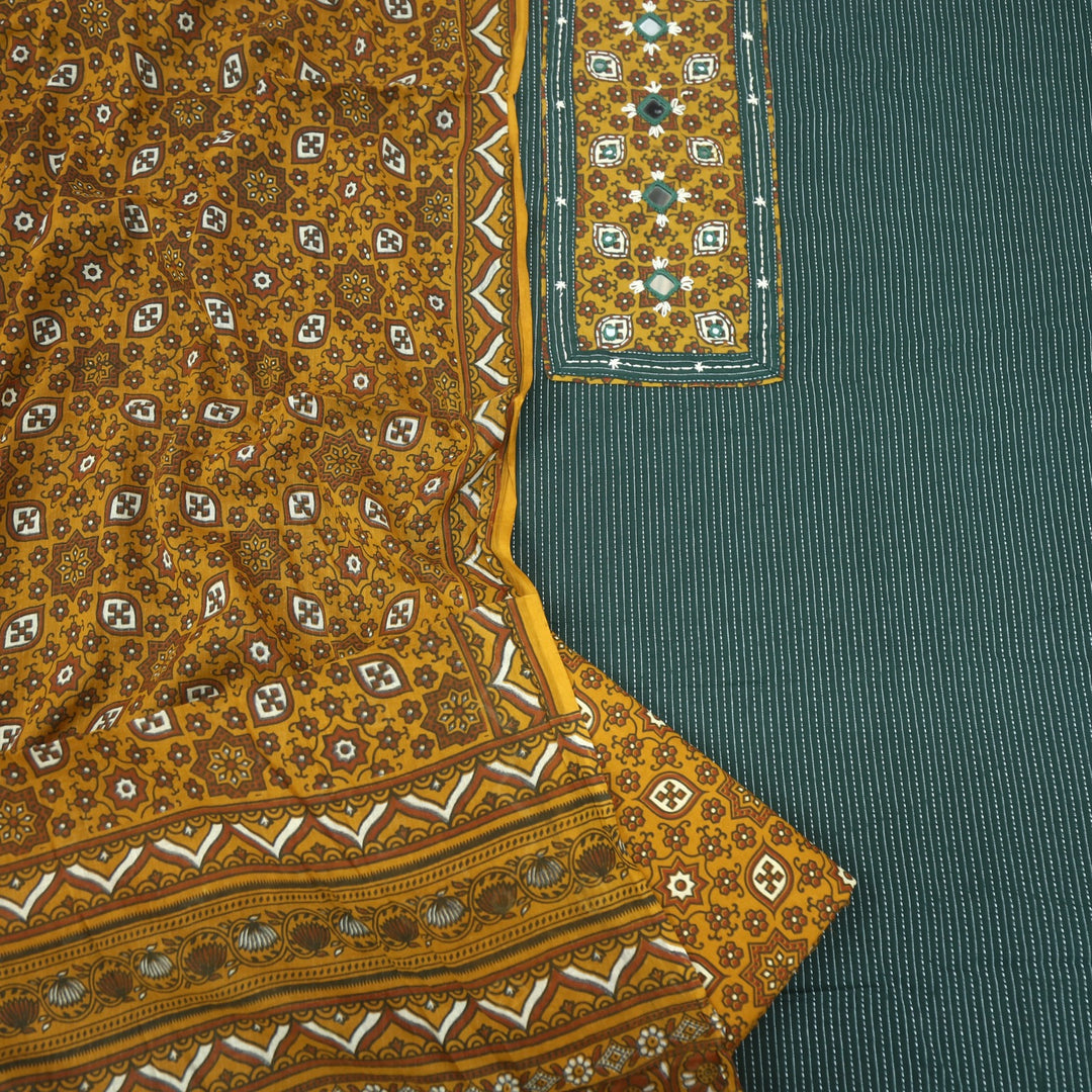 Anokhi Dark Green Kutch Inspired  Mirror Neck Ajrak Print Cotton Suit Set