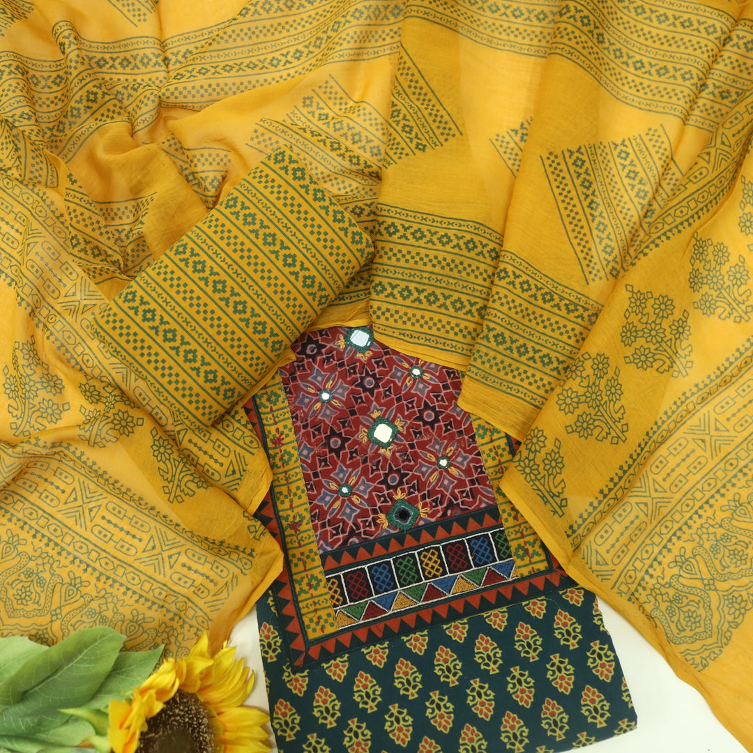 Anokhi Tree Green Kutch Mirror Neck Ajrak Print Cotton Suit Set