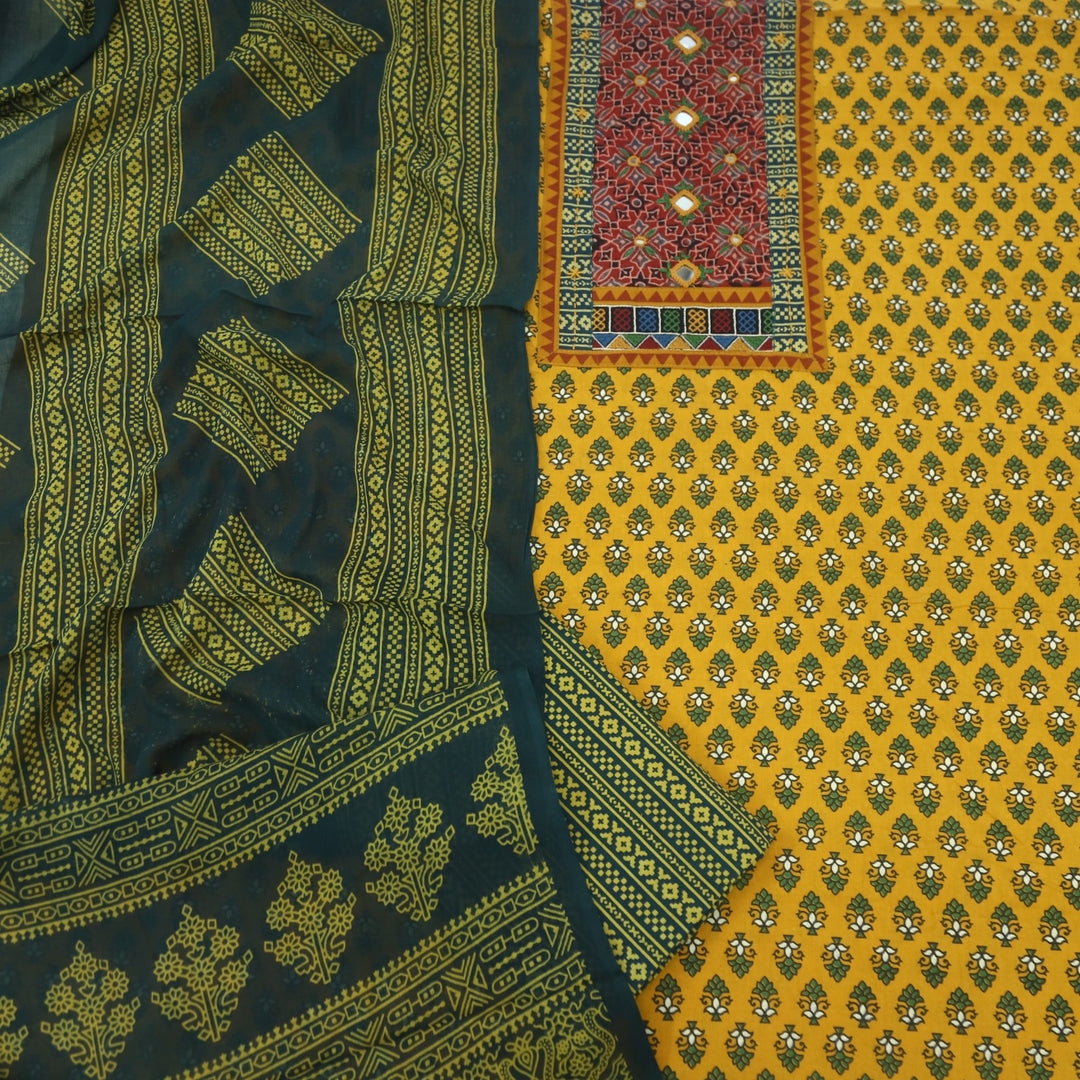 Anokhi Sunflower Yellow Kutch Mirror Neck Ajrak Print Cotton Suit Set