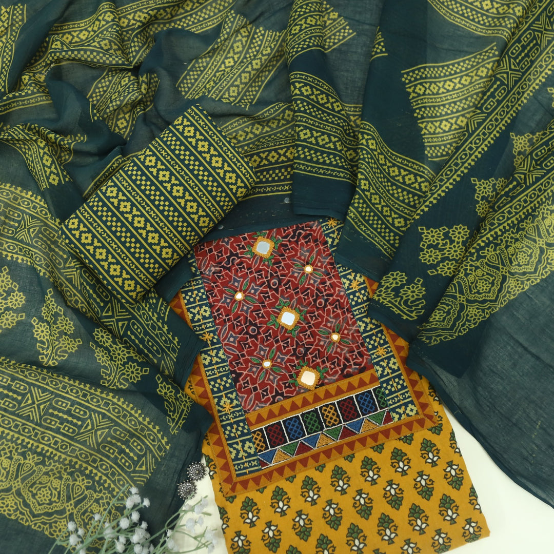 Anokhi Sunflower Yellow Kutch Mirror Neck Ajrak Print Cotton Suit Set