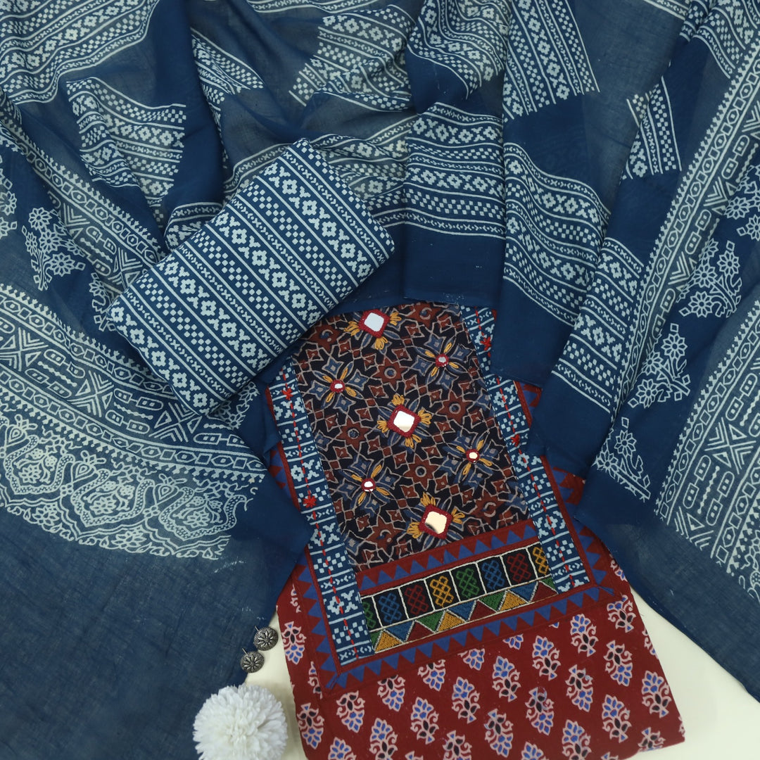 Anokhi Cherry Red Kutch Mirror Neck Ajrak Print Cotton Suit Set