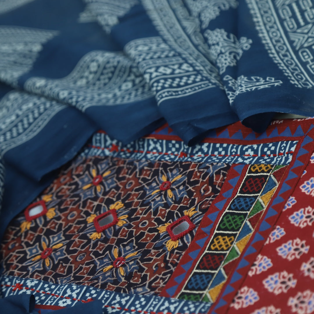 Anokhi Cherry Red Kutch Mirror Neck Ajrak Print Cotton Suit Set