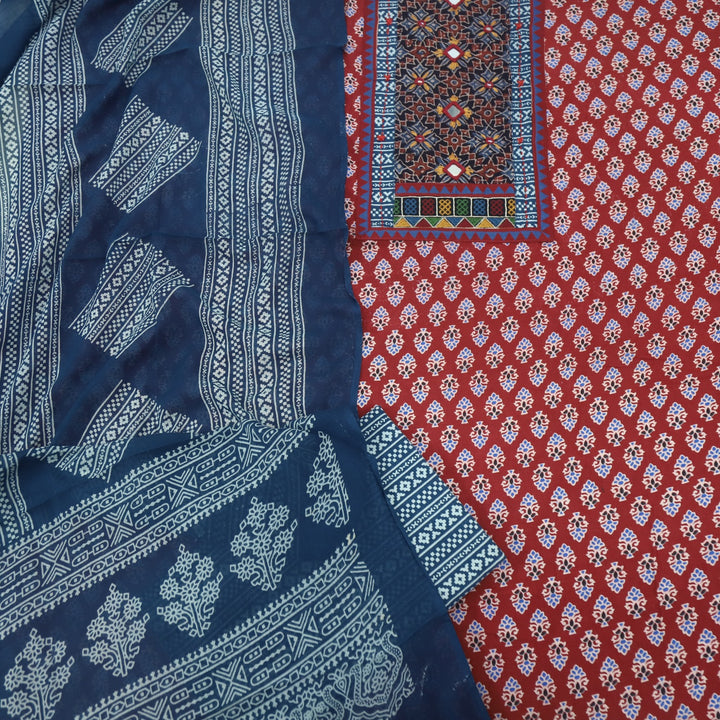 Anokhi Cherry Red Kutch Mirror Neck Ajrak Print Cotton Suit Set