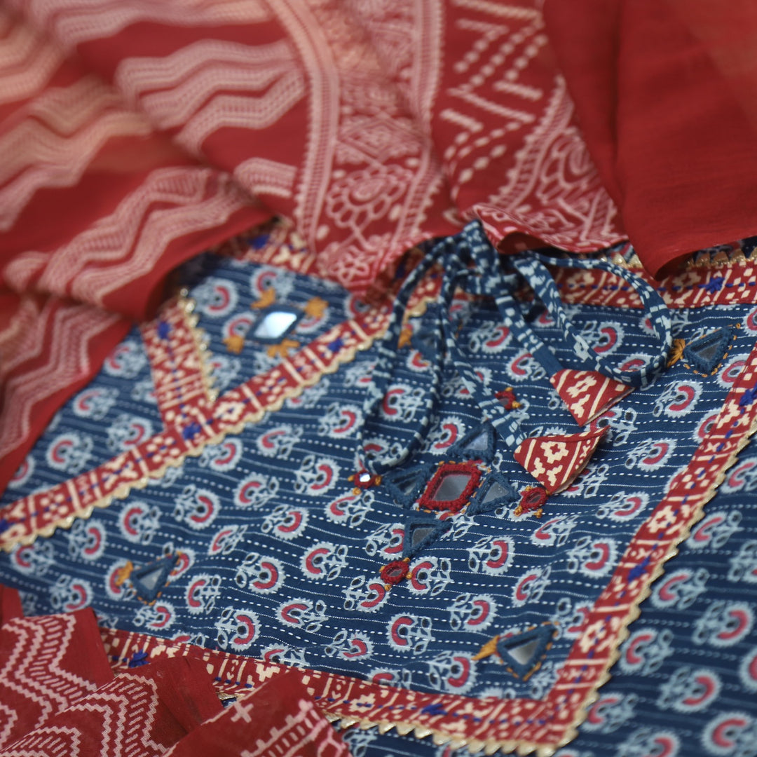 Sukhmani Navy Blue Mirror Work with Ajrak Printed Angrakha Style Cotton Suit Set