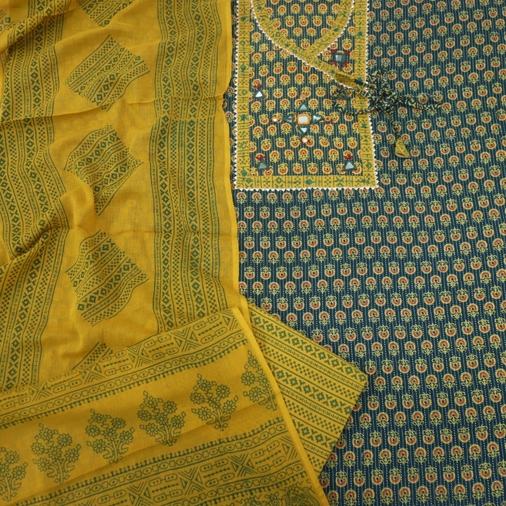 Sukhmani Deep Green Mirror Work with Ajrak Printed Angrakha Style Cotton Suit Set