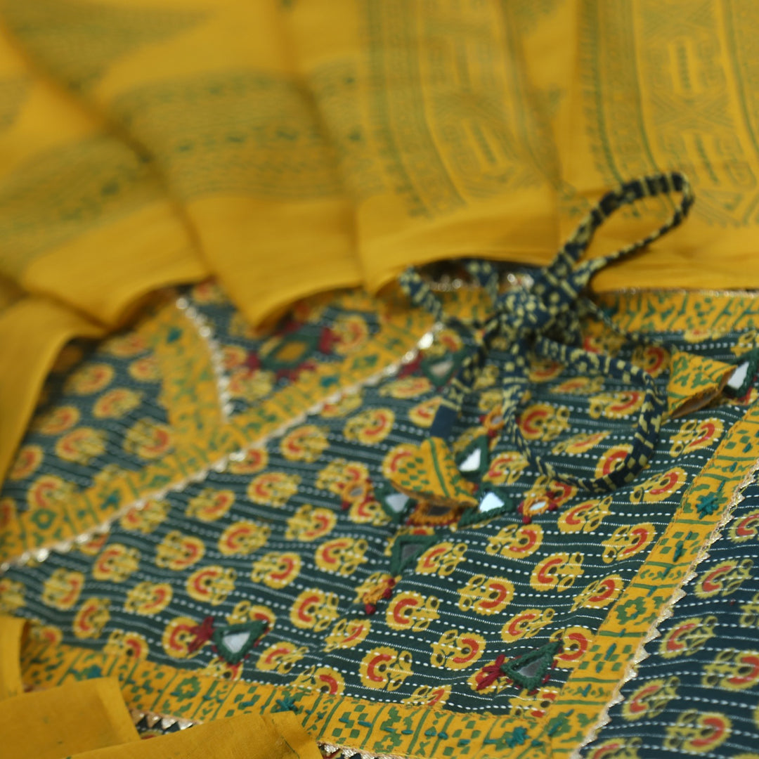 Sukhmani Deep Green Mirror Work with Ajrak Printed Angrakha Style Cotton Suit Set