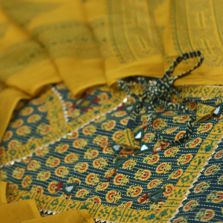 Sukhmani Deep Green Mirror Work with Ajrak Printed Angrakha Style Cotton Suit Set