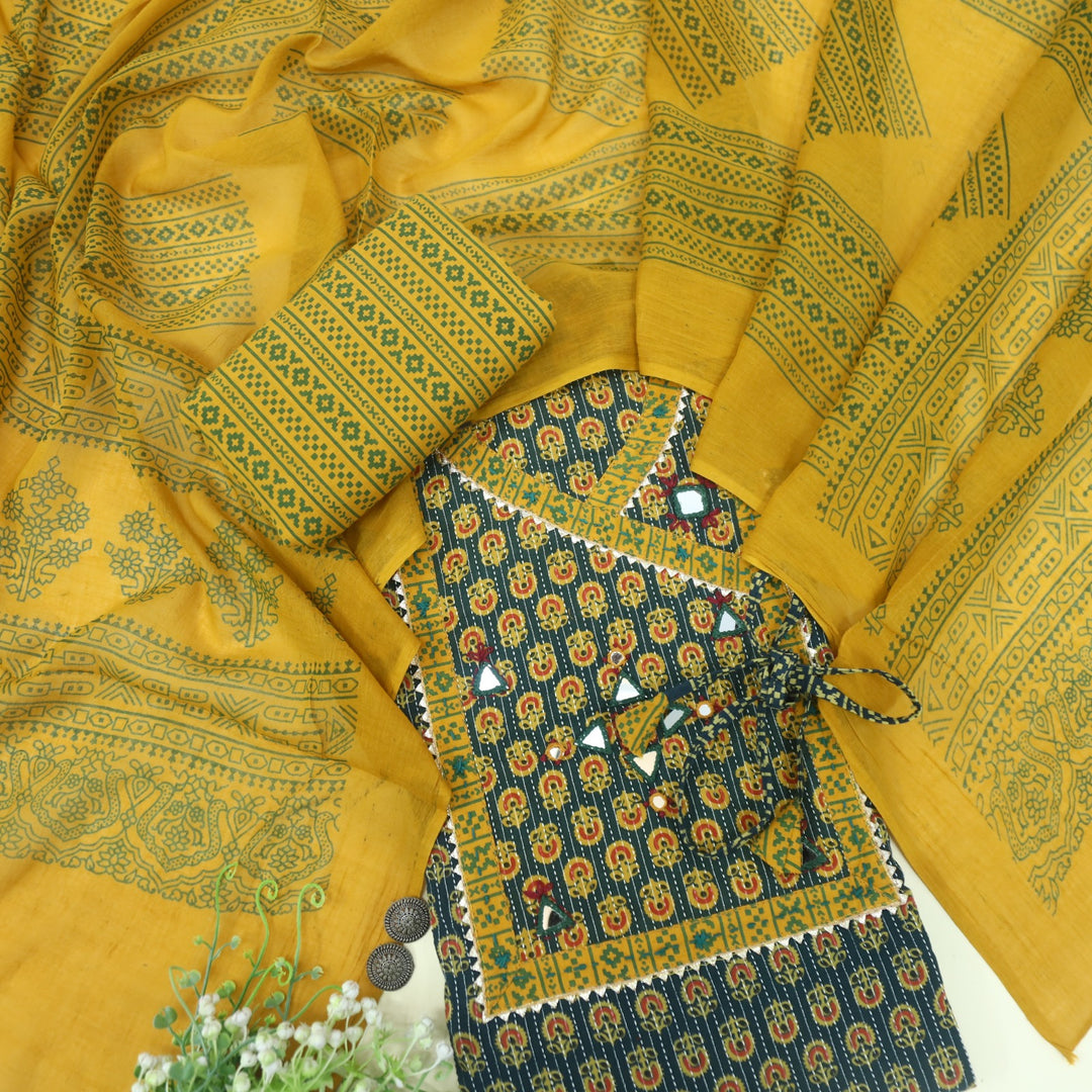 Sukhmani Deep Green Mirror Work with Ajrak Printed Angrakha Style Cotton Suit Set