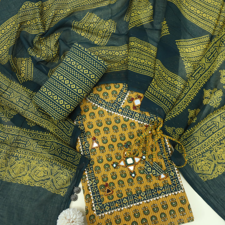 Sukhmani Dijon Yellow Mirror Work with Ajrak Printed Angrakha Style Cotton Suit Set