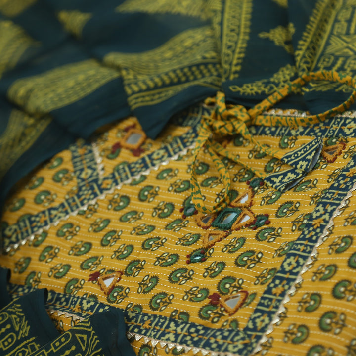 Sukhmani Dijon Yellow Mirror Work with Ajrak Printed Angrakha Style Cotton Suit Set