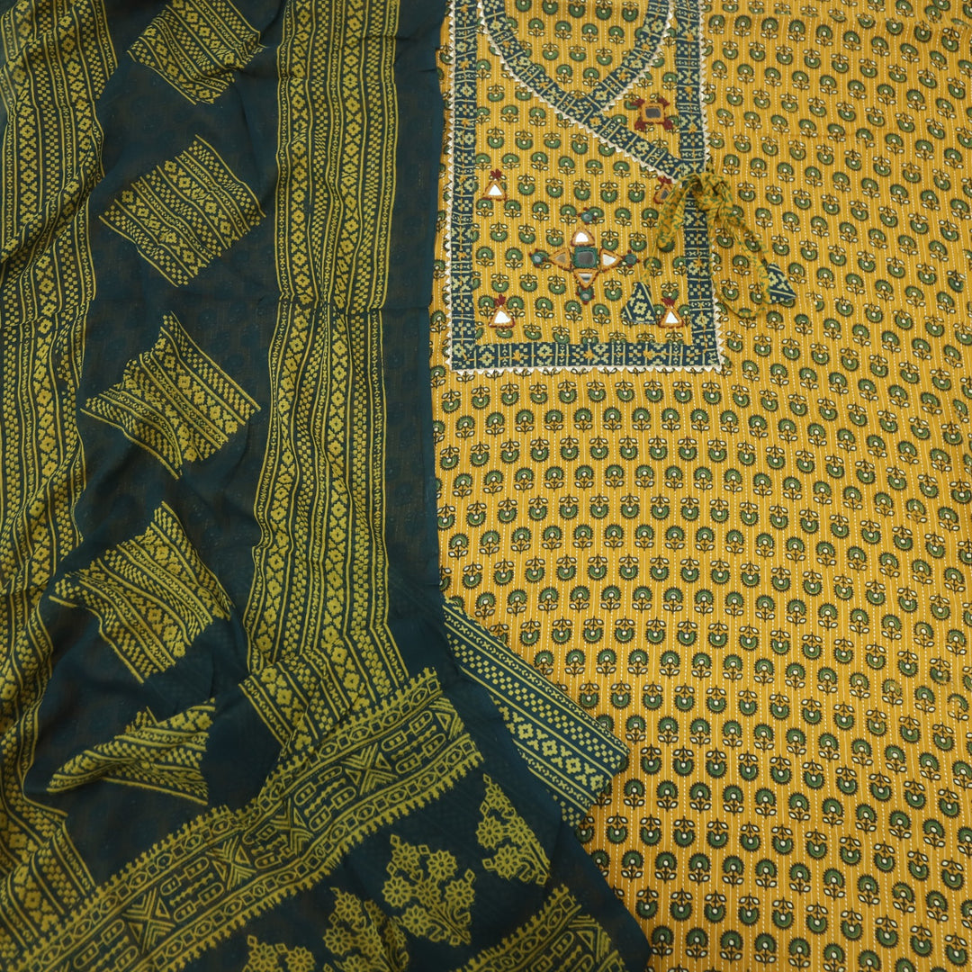 Sukhmani Dijon Yellow Mirror Work with Ajrak Printed Angrakha Style Cotton Suit Set