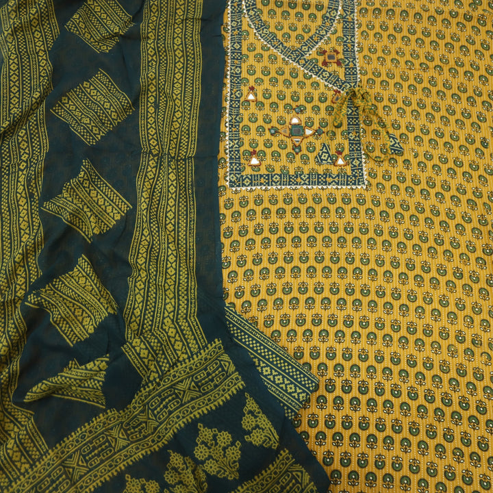 Sukhmani Dijon Yellow Mirror Work with Ajrak Printed Angrakha Style Cotton Suit Set