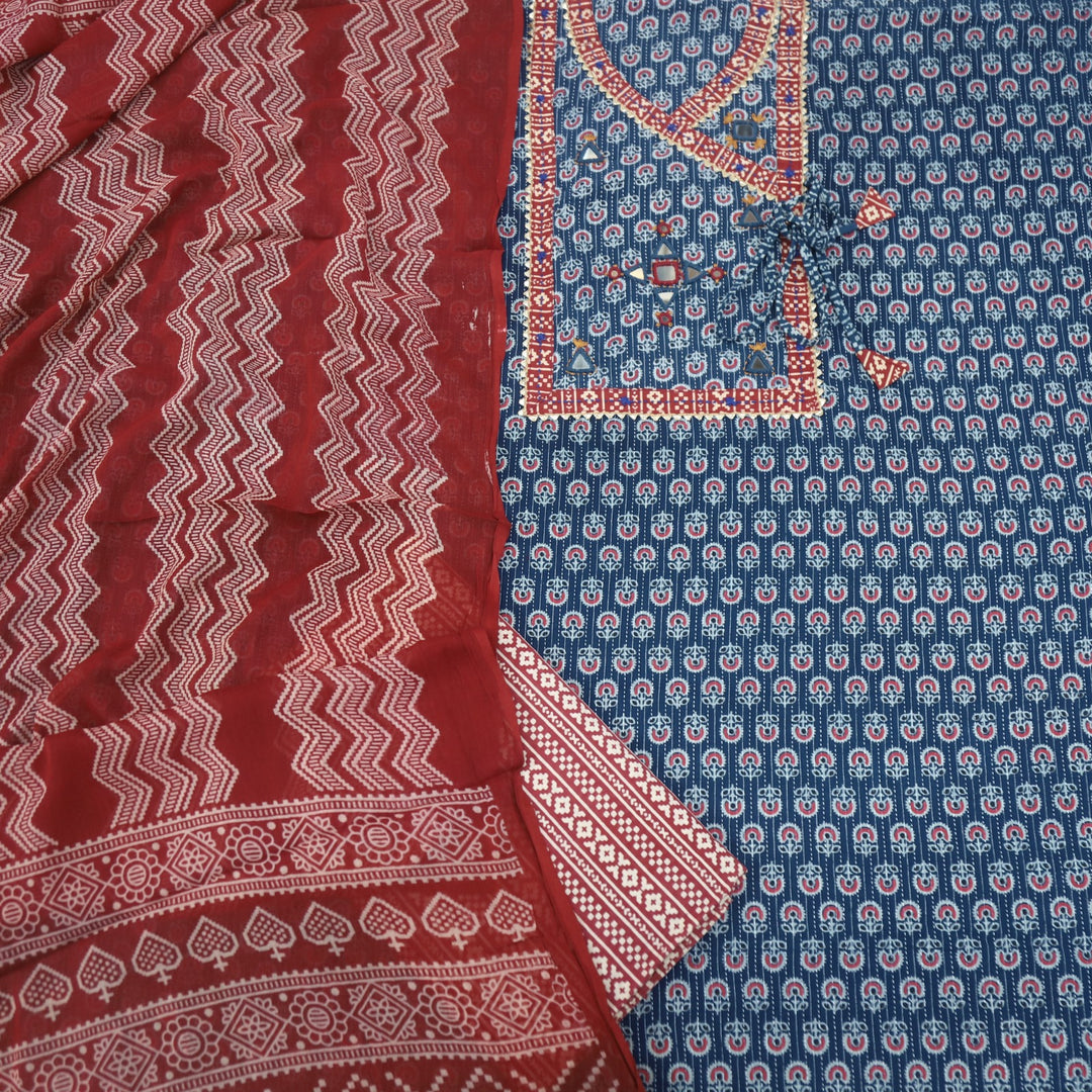 Sukhmani Navy Blue Mirror Work with Ajrak Printed Angrakha Style Cotton Suit Set