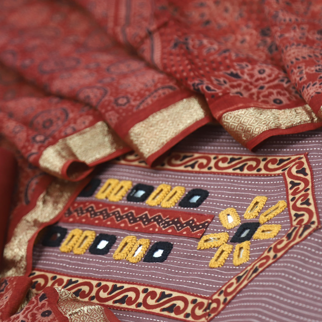 Maahi Choco Brown Kutch Inspired Mirror Work with Kantha Work Cotton Suit Set