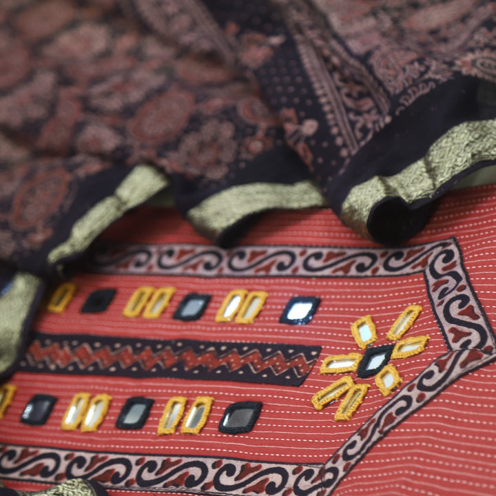 Maahi Cherry Red Kutch Inspired Mirror Work with Kantha Work Cotton Suit Set