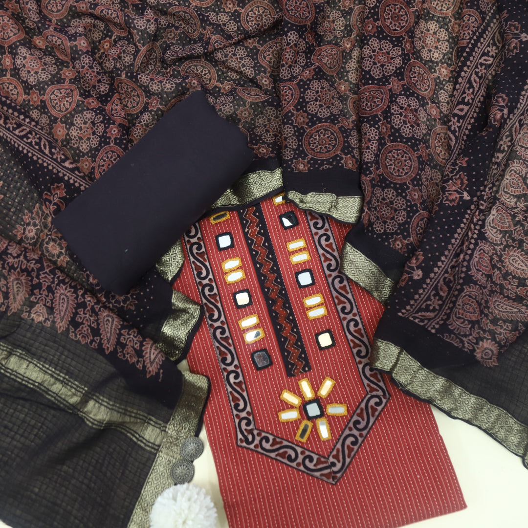 Maahi Cherry Red Kutch Inspired Mirror Work with Kantha Work Cotton Suit Set