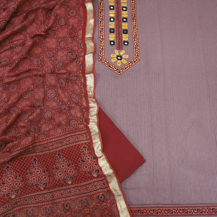 Maahi Choco Brown Kutch Inspired Mirror Work with Kantha Work Cotton Suit Set