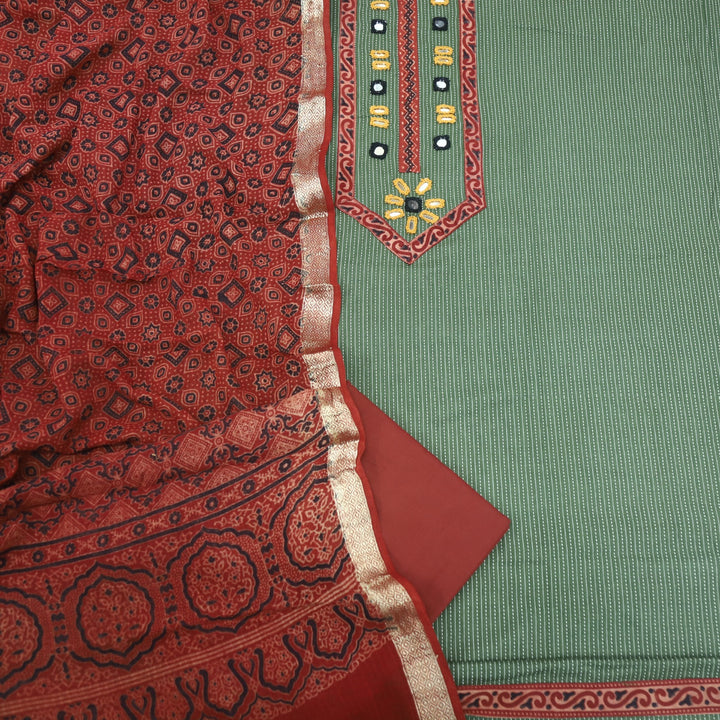 Maahi Bottle Green Kutch Inspired Mirror Work with Kantha Work Cotton Suit Set