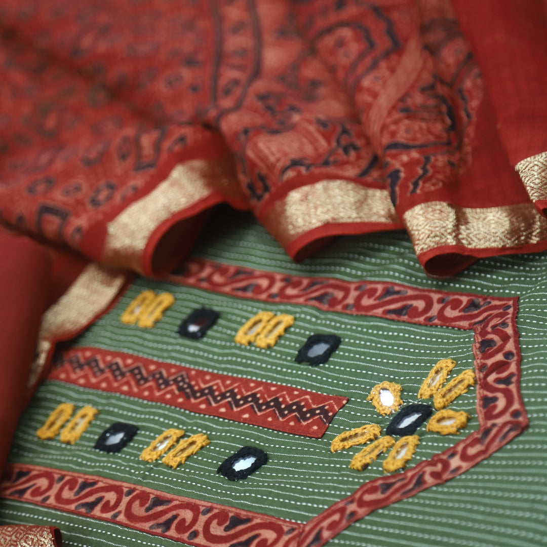 Maahi Bottle Green Kutch Inspired Mirror Work with Kantha Work Cotton Suit Set