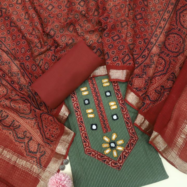 Maahi Bottle Green Kutch Inspired Mirror Work with Kantha Work Cotton Suit Set
