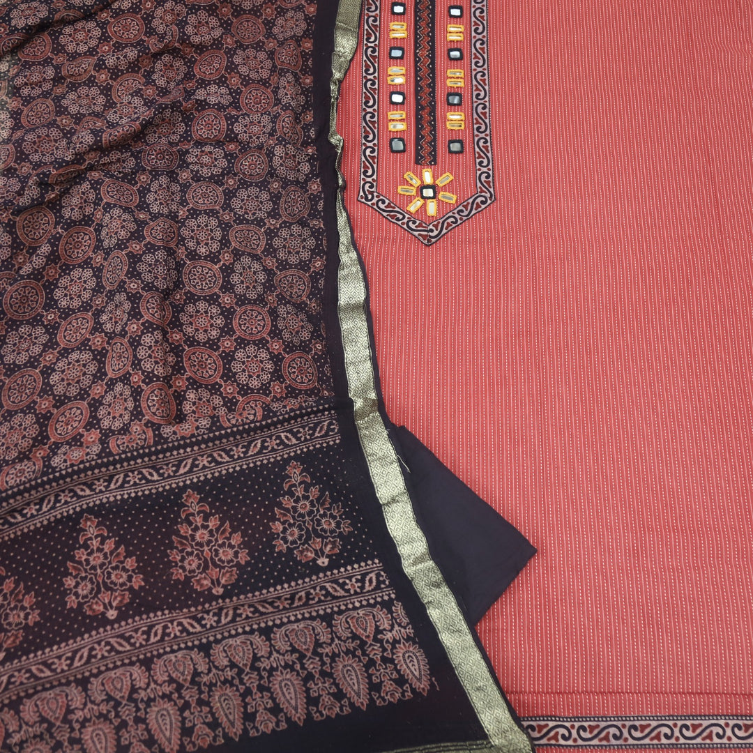 Maahi Cherry Red Kutch Inspired Mirror Work with Kantha Work Cotton Suit Set