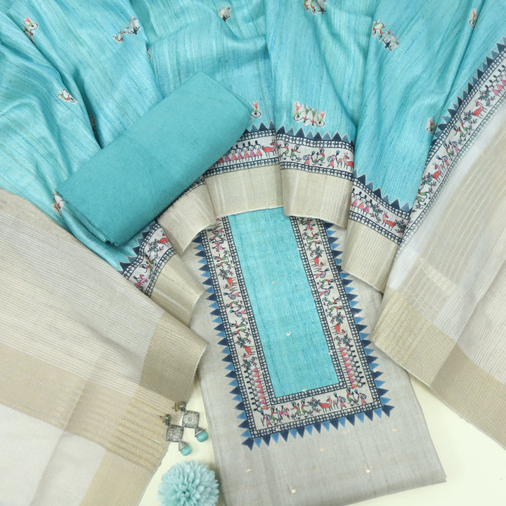 Fanaa Beige with Blue Zari Work Printed Tussar Chanderi Suit Set