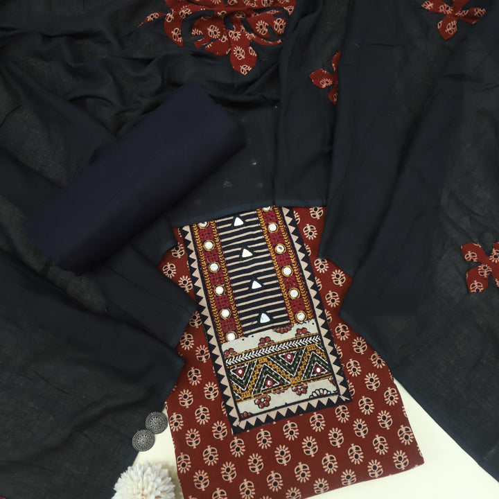 Khairiyat Barn Red Kutch Neck Inspired Neck Work Cotton Suit Set