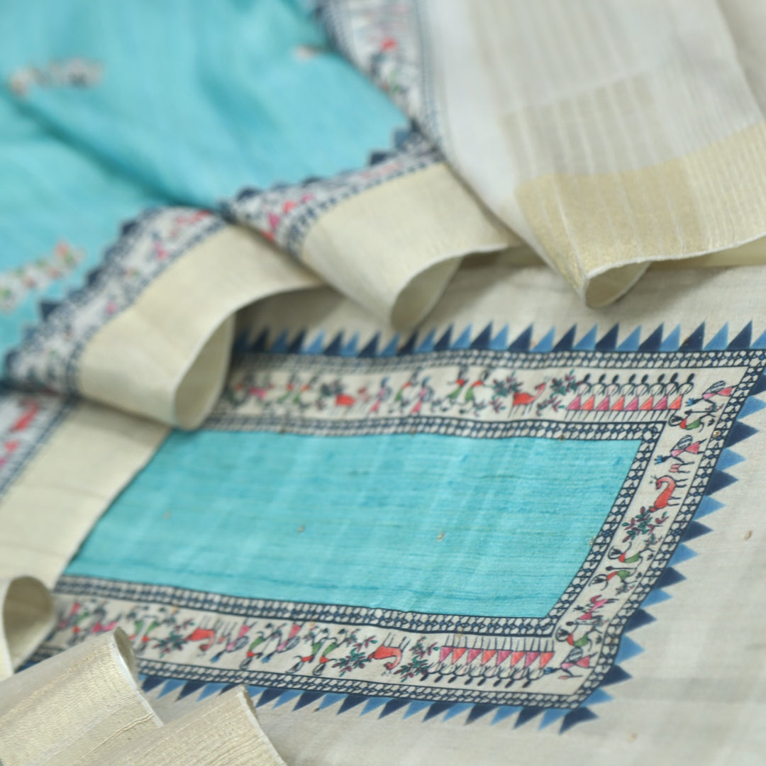 Fanaa Beige with Blue Zari Work Printed Tussar Chanderi Suit Set